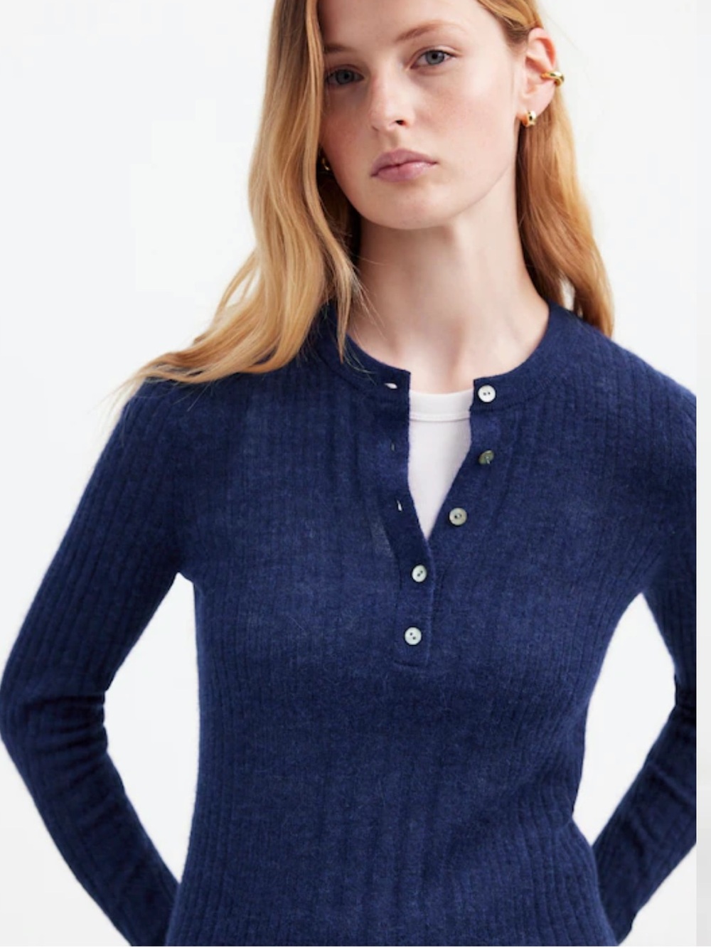 MADEWELL Alpaca-Blend Henley Blue Super Soft Lightweight Sweater, Medium